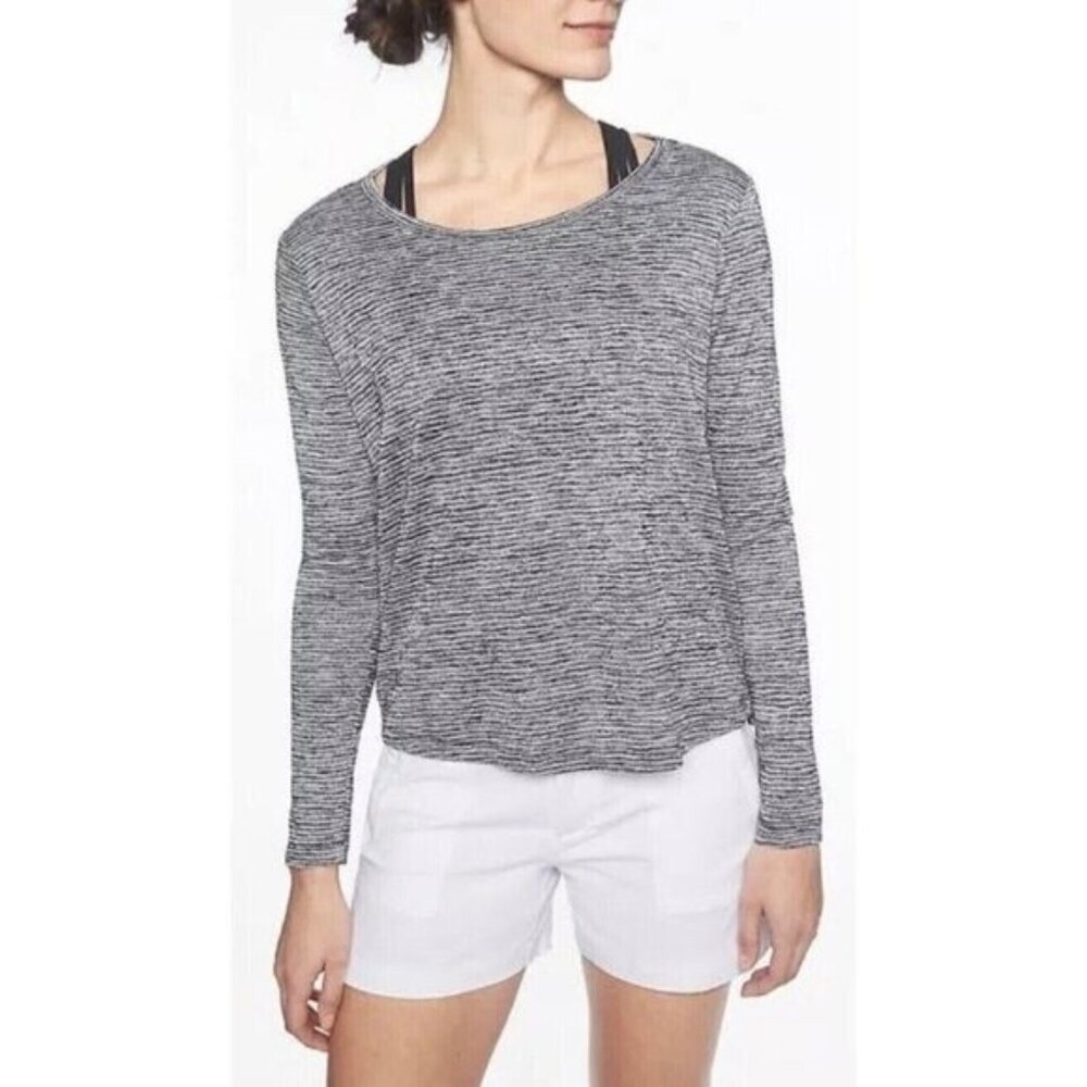 Athleta‎ Breezy Womens Tee S Heather Gray Striped Crew Neck Long Sleeve Cut Out